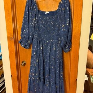 3X Ivy City Co Blue and Gold Star Midi Dress